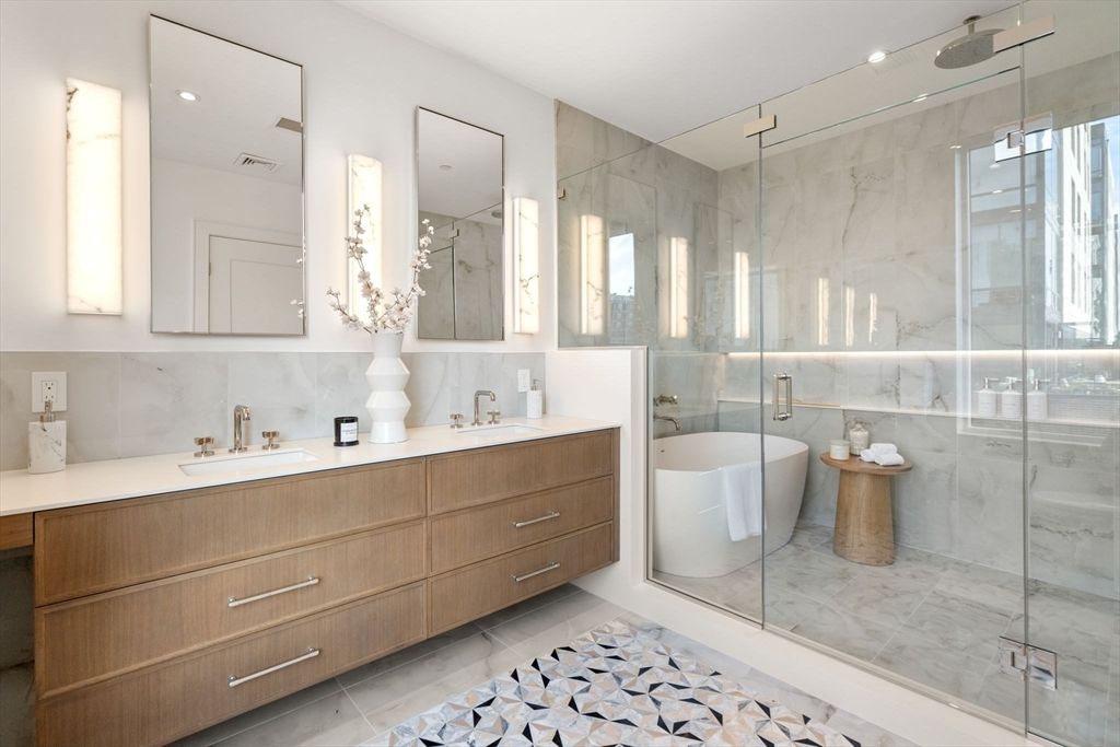 Bathroom, Dual Sink Vanities, Free Standing Baths, Glass Shower, Interior, Marble Walls, Recessed Lighting