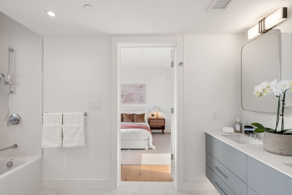 Bathroom, Bedroom, Interior, Marble, Recessed Lighting, Wood Texture Flooring