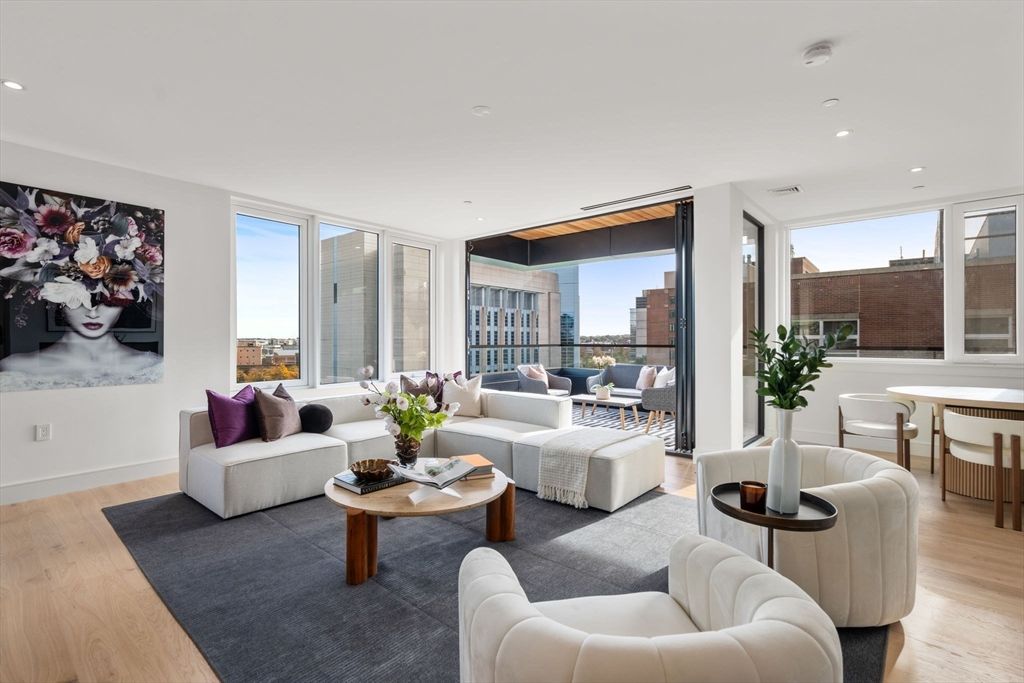 Dining room, Interior, Living room, Recessed Lighting, Wood Texture Flooring