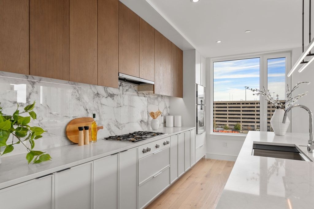 Interior, Kitchen, Marble Walls, Recessed Lighting, Stainless Steel Appliances, Wood Texture Flooring