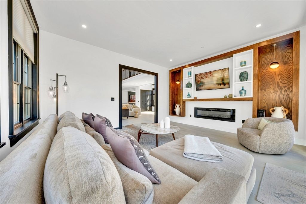 Fireplace, Interior, Living room, Recessed Lighting, Wood Texture Flooring, Wooden Walls