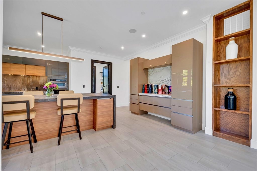 Interior, Kitchen, Marble Walls, Pendant Lights, Recessed Lighting, Wood Texture Flooring