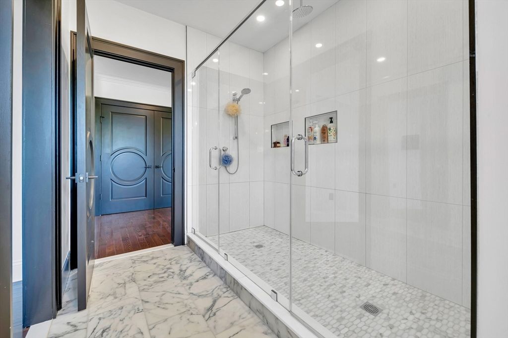 Bathroom, Glass Shower, Interior, Marble, Recessed Lighting, Wood Texture Flooring