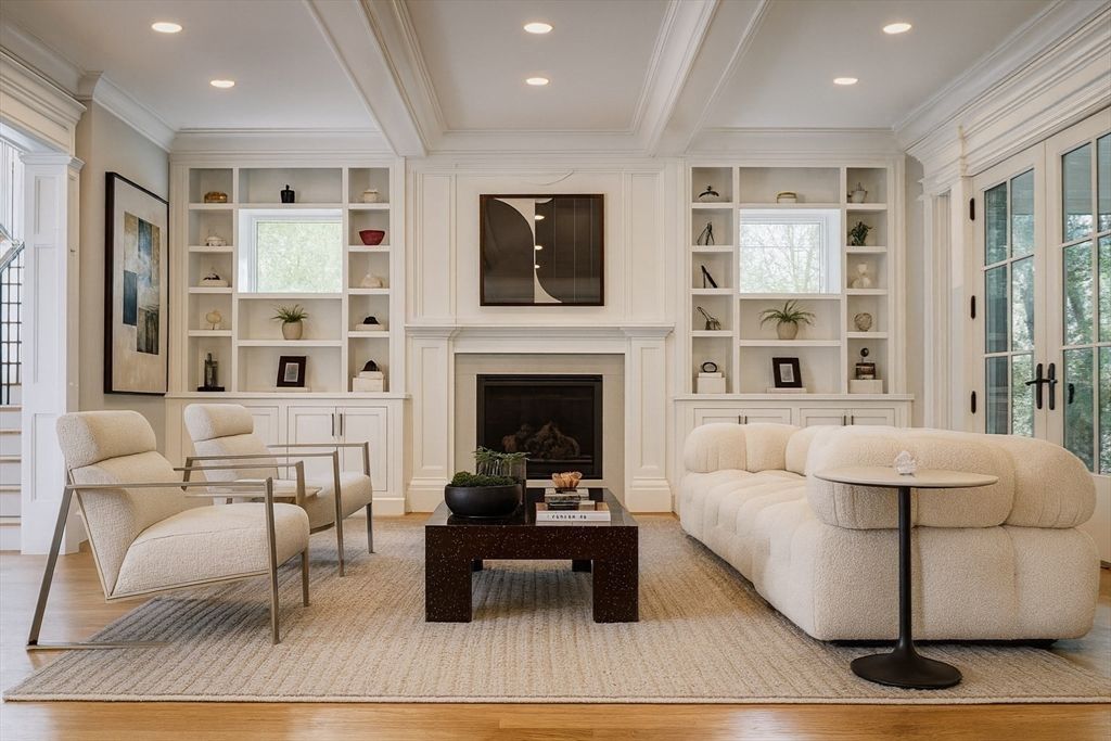 Fireplace, Interior, Living room, Recessed Lighting, Wood Texture Flooring