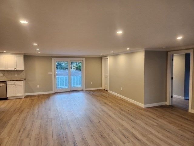 Empty room, Interior, Kitchen, Recessed Lighting, Wood Texture Flooring