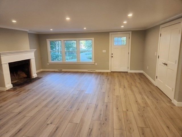 Empty room, Fireplace, Interior, Recessed Lighting, Wood Texture Flooring