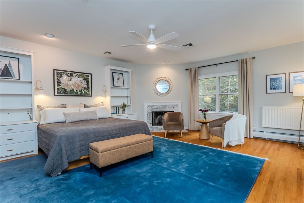 Bedroom, Fireplace, Interior, Recessed Lighting, Wood Texture Flooring