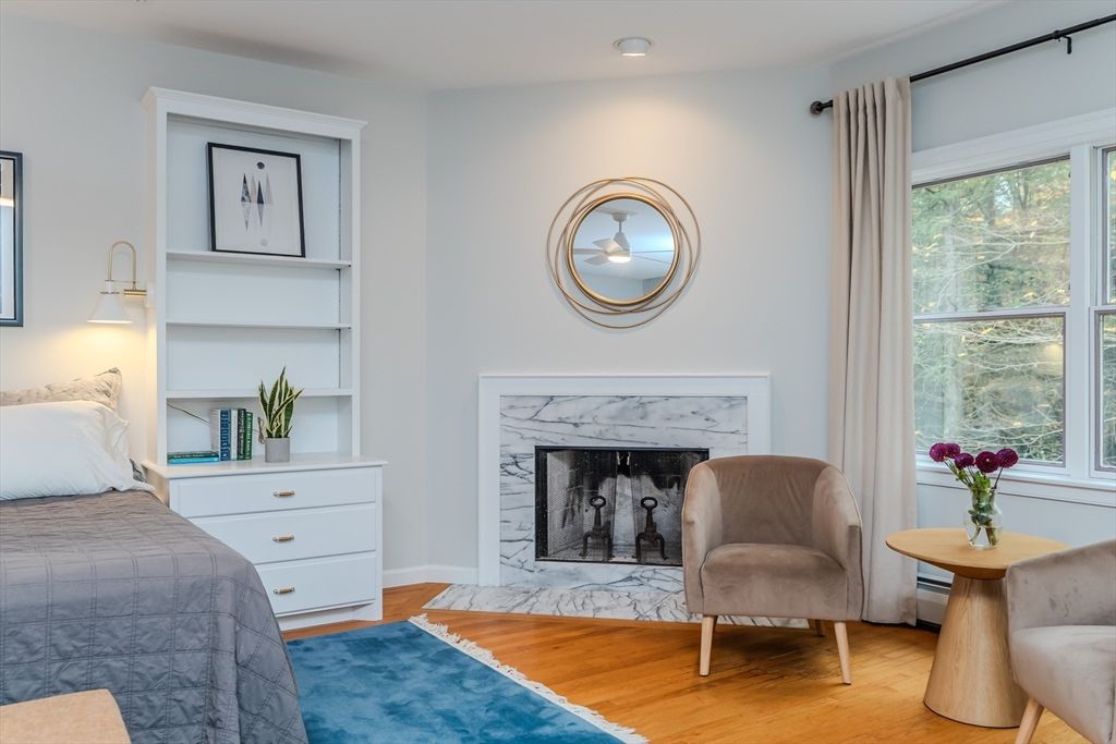 Bedroom, Fireplace, Interior, Recessed Lighting, Wood Texture Flooring