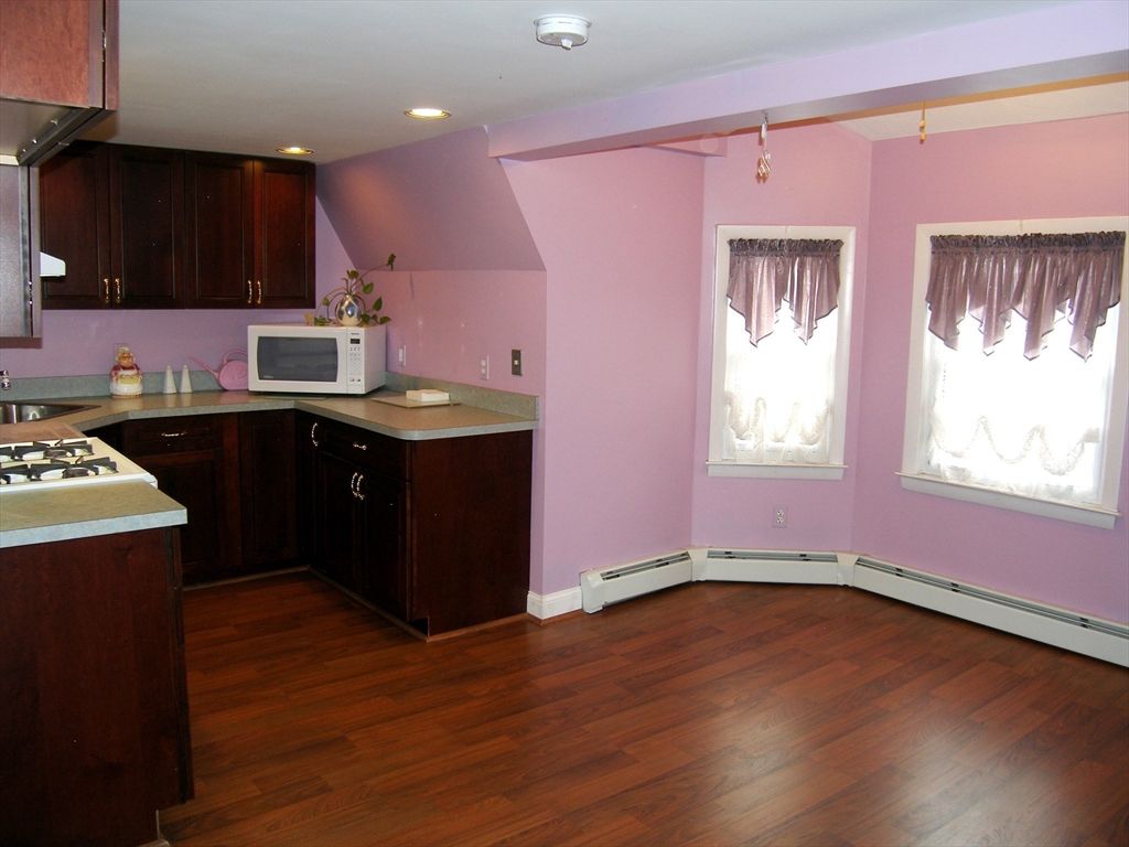 Empty room, Interior, Kitchen, Recessed Lighting, Wood Texture Flooring