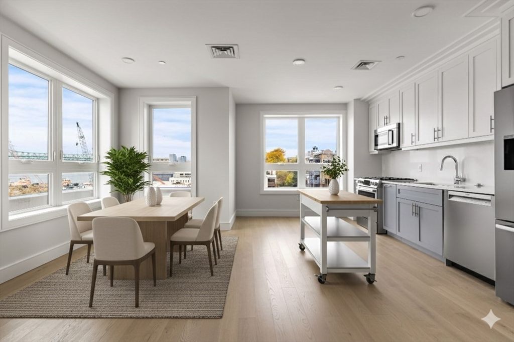 Dining room, Interior, Kitchen, Recessed Lighting, Stainless Steel Appliances, Wood Texture Flooring