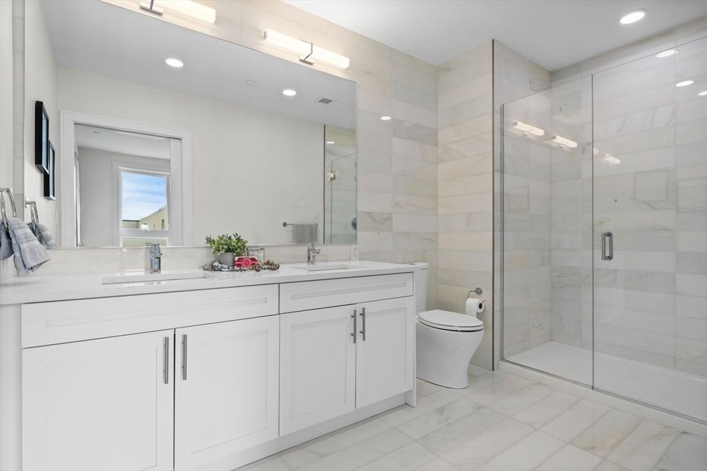 Bathroom, Dual Sink Vanities, Glass Shower, Interior, Marble, Recessed Lighting