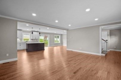 Empty room, Interior, Kitchen, Pendant Lights, Recessed Lighting, Wood Texture Flooring