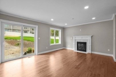 Empty room, Fireplace, Interior, Recessed Lighting, Wood Texture Flooring