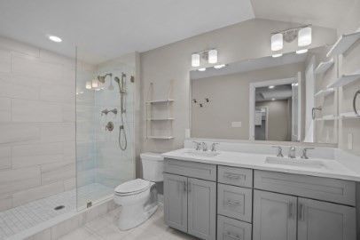 Bathroom, Dual Sink Vanities, Glass Shower, Interior, Recessed Lighting