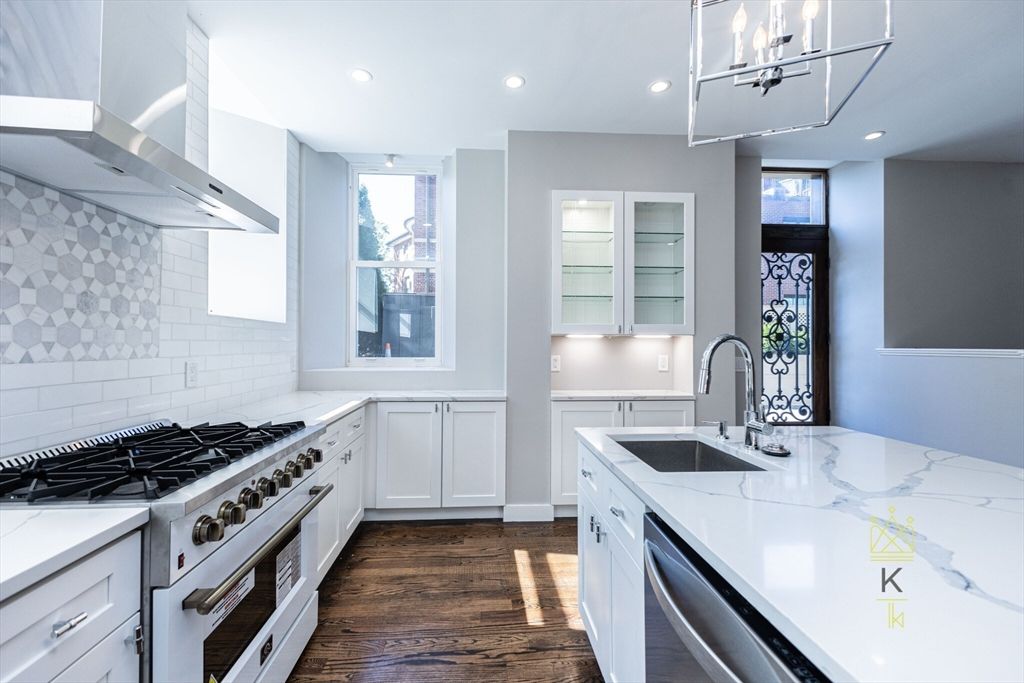 Interior, Kitchen, Recessed Lighting, Stainless Steel Appliances, Wood Texture Flooring