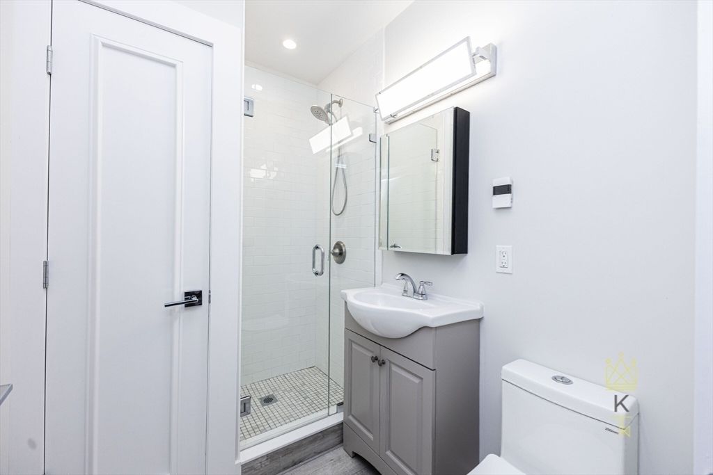 Bathroom, Glass Shower, Interior, Recessed Lighting, Wood Texture Flooring