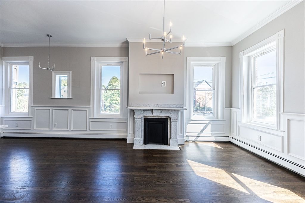 Chandelier, Empty room, Fireplace, Interior, Pendant Lights, Wood Texture Flooring