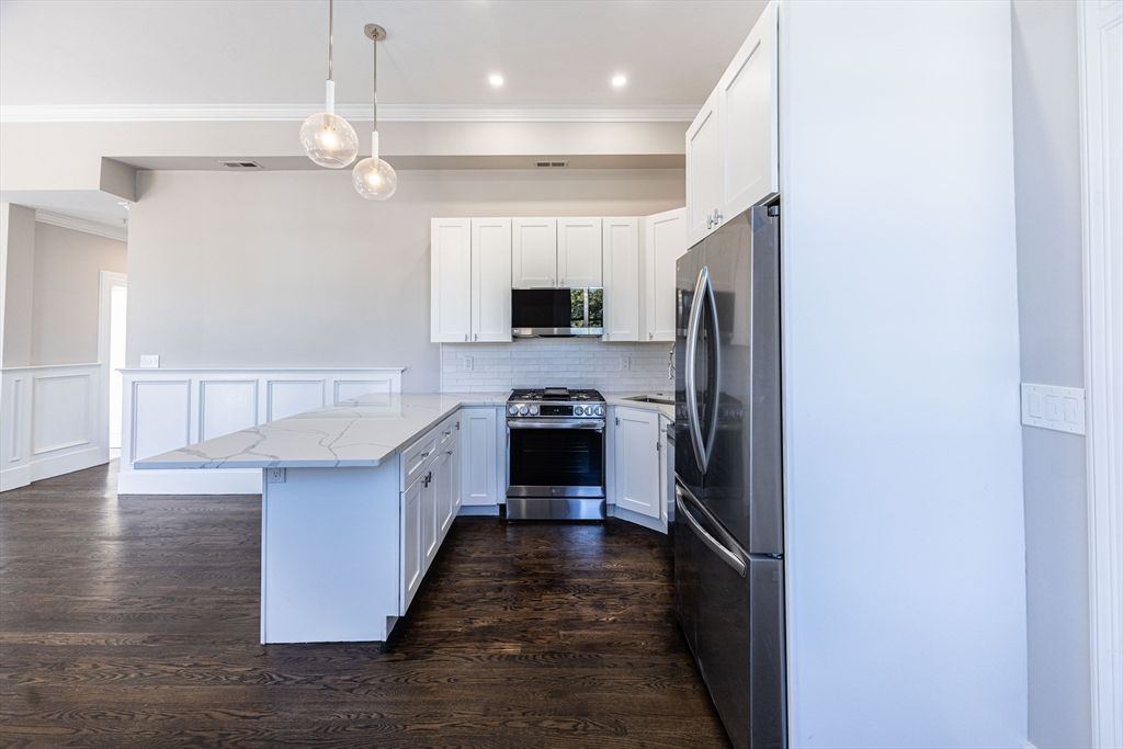 Interior, Kitchen, Pendant Lights, Recessed Lighting, Stainless Steel Appliances, Wood Texture Flooring