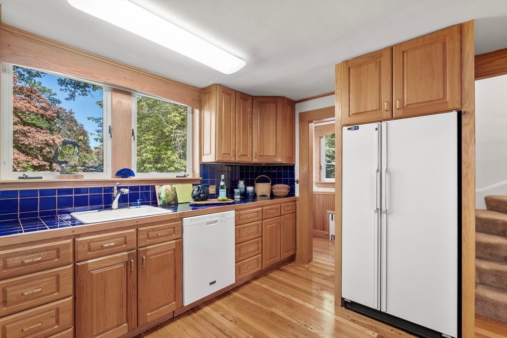 Interior, Kitchen, Tile Countertops, Wood Texture Flooring