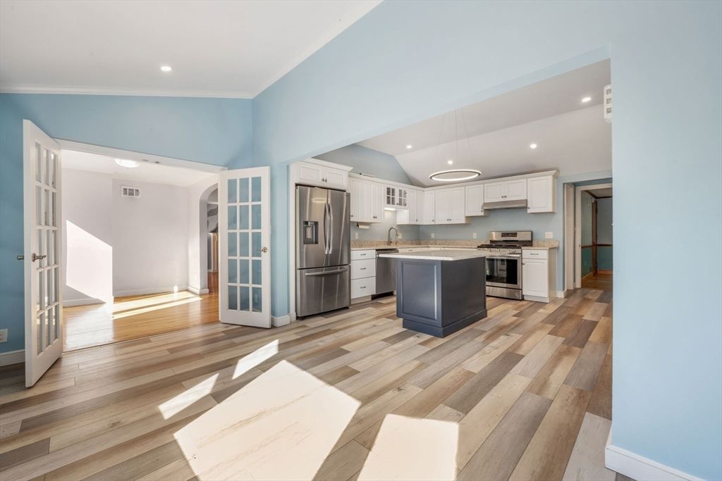 Interior, Kitchen, Pendant Lights, Recessed Lighting, Stainless Steel Appliances, Wood Texture Flooring