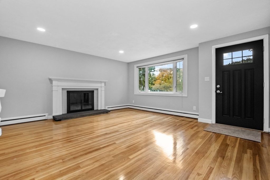 Empty room, Fireplace, Interior, Recessed Lighting, Wood Texture Flooring