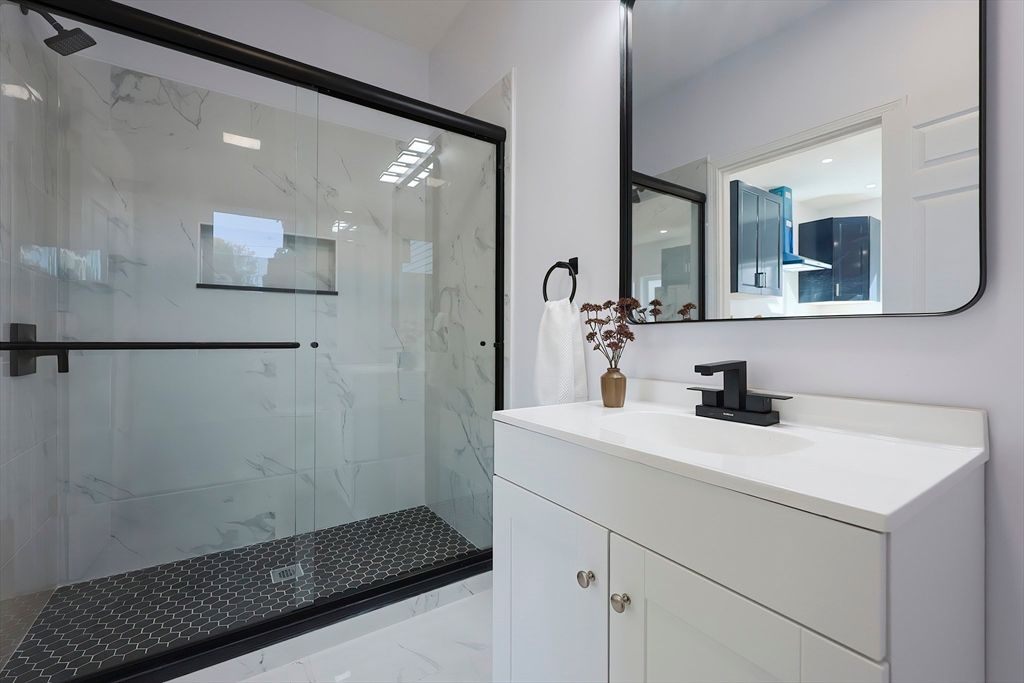 Bathroom, Glass Shower, Interior, Marble, Marble Walls, Recessed Lighting