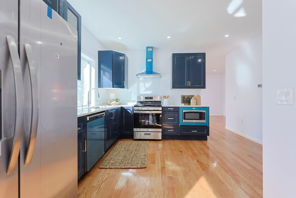 Interior, Kitchen, Recessed Lighting, Stainless Steel Appliances, Wood Texture Flooring