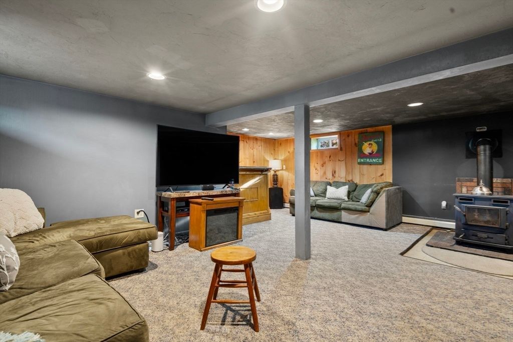 Fireplace, Interior, Living room, Recessed Lighting, Wooden Walls