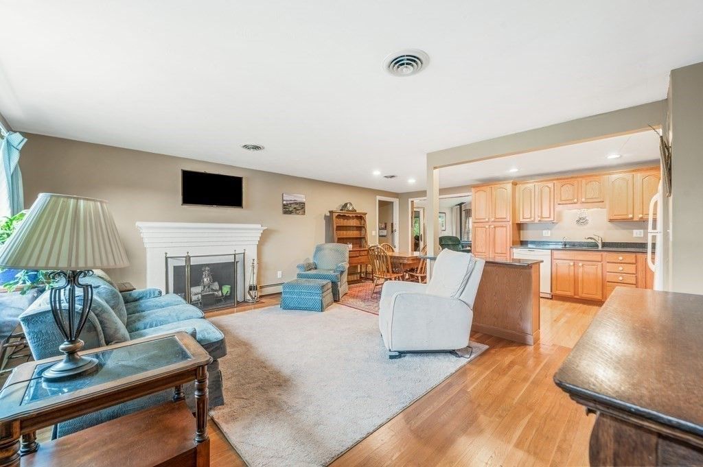 Dining room, Fireplace, Interior, Kitchen, Living room, Recessed Lighting, Wood Texture Flooring