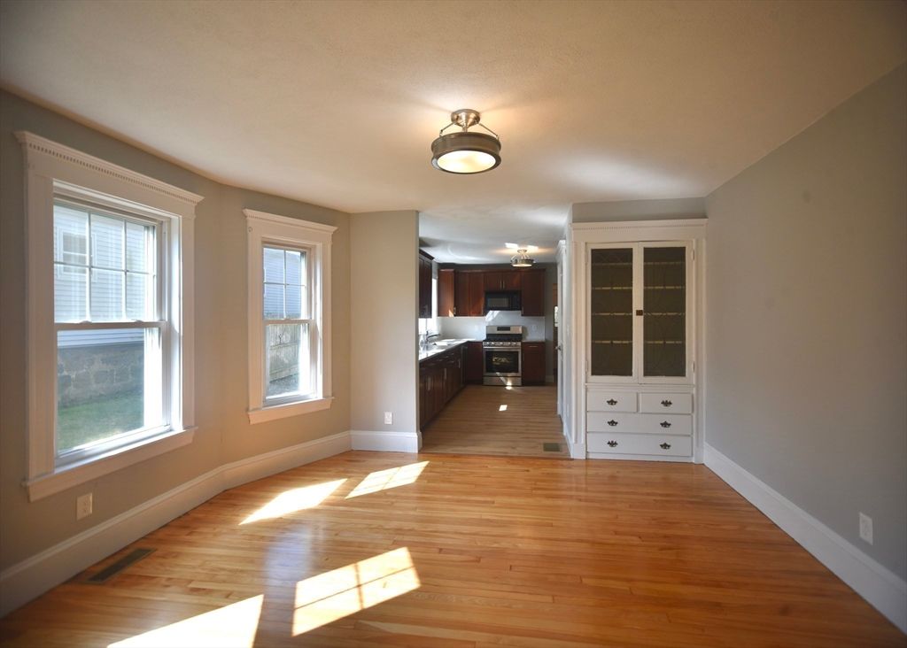 Empty room, Interior, Kitchen, Stainless Steel Appliances, Wood Texture Flooring