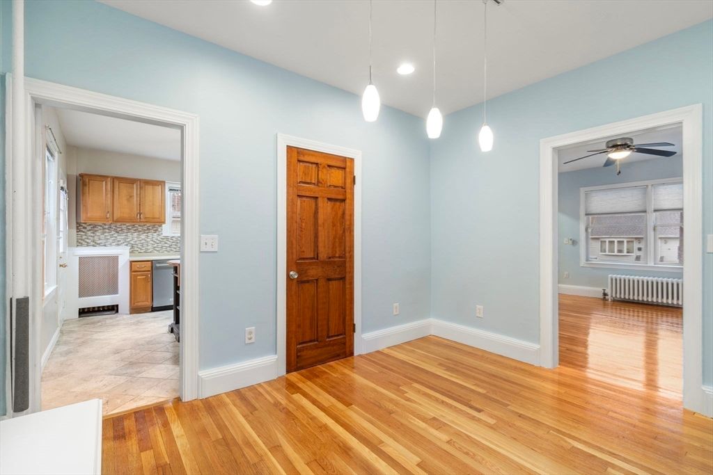 Empty room, Interior, Kitchen, Pendant Lights, Recessed Lighting, Wood Texture Flooring