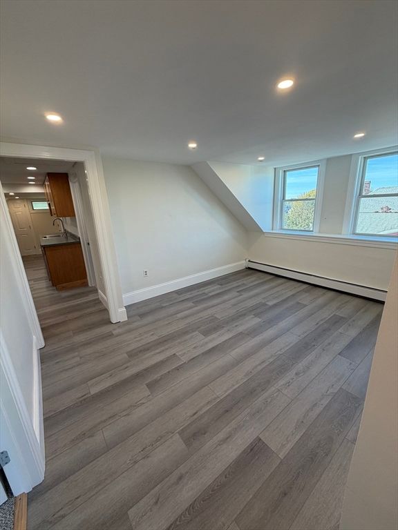 Empty room, Interior, Kitchen, Recessed Lighting, Wood Texture Flooring