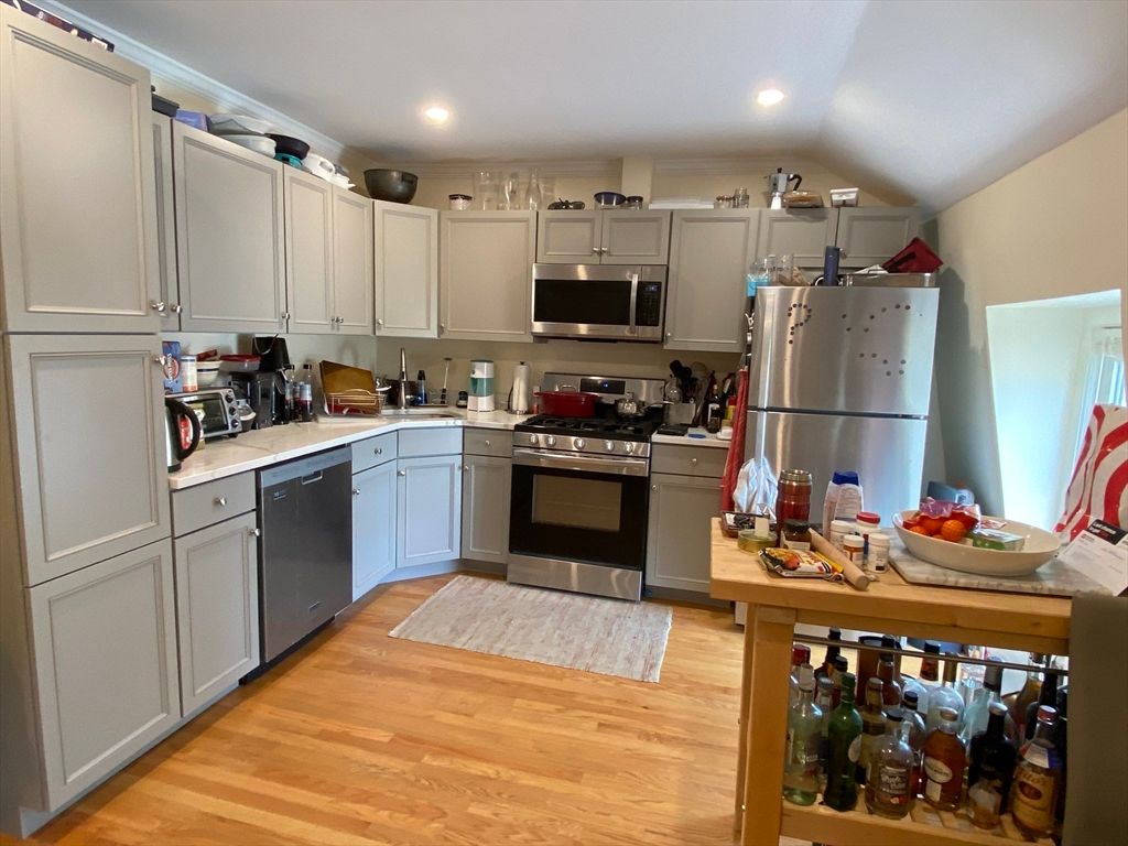 Interior, Kitchen, Recessed Lighting, Stainless Steel Appliances, Wood Texture Flooring