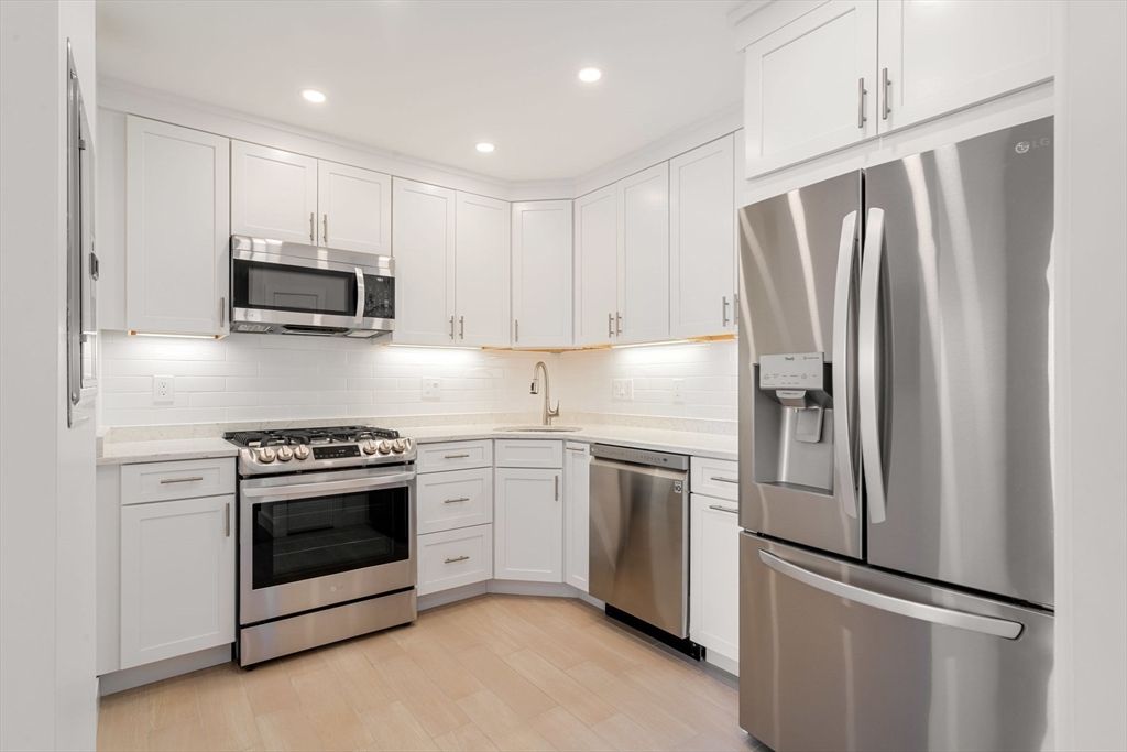 Interior, Kitchen, Recessed Lighting, Stainless Steel Appliances, Wood Texture Flooring