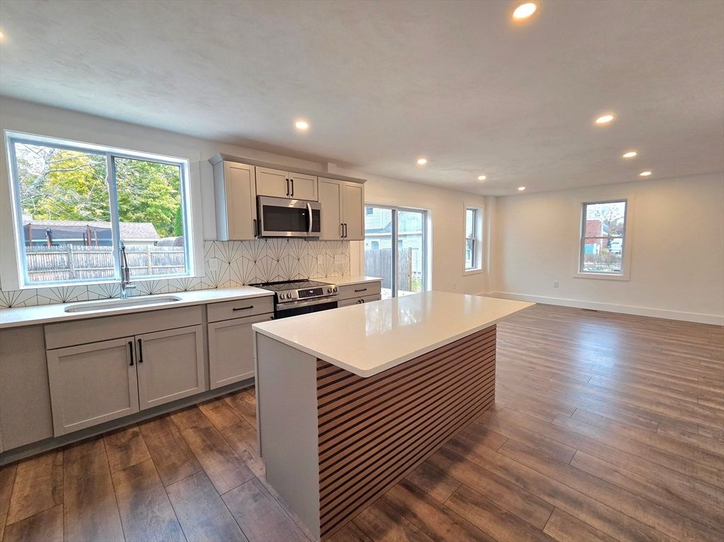 Interior, Kitchen, Recessed Lighting, Stainless Steel Appliances, Wood Texture Flooring