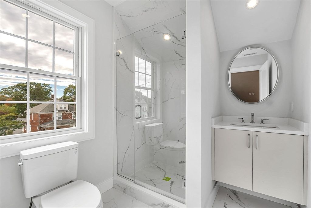 Bathroom, Glass Shower, Interior, Marble, Marble Walls, Recessed Lighting