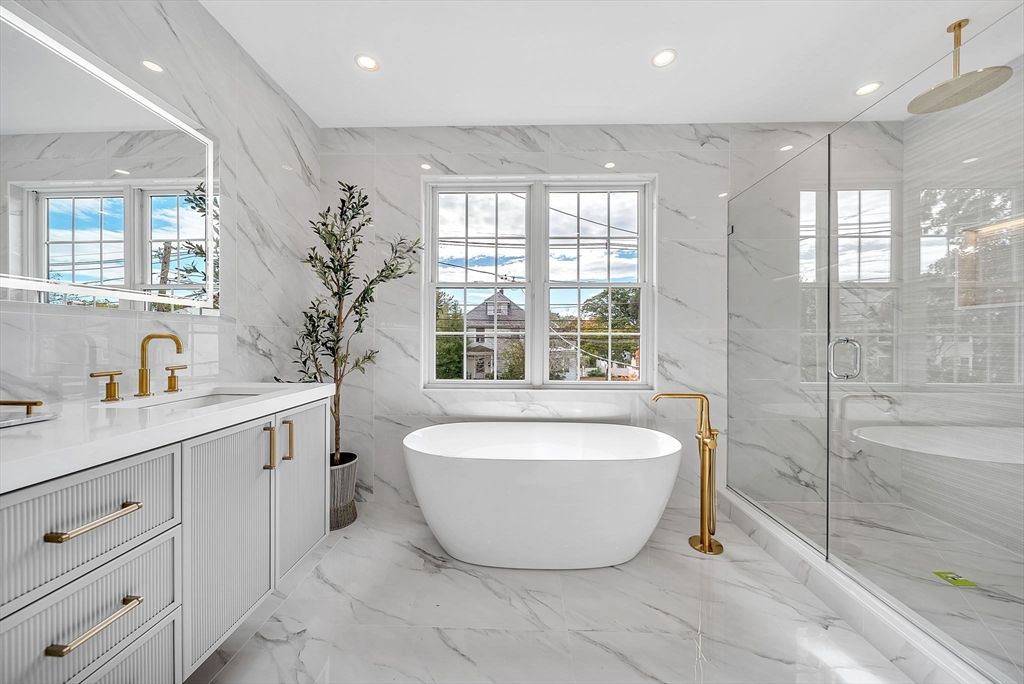 Bathroom, Dual Sink Vanities, Free Standing Baths, Glass Shower, Interior, Marble, Marble Walls, Recessed Lighting