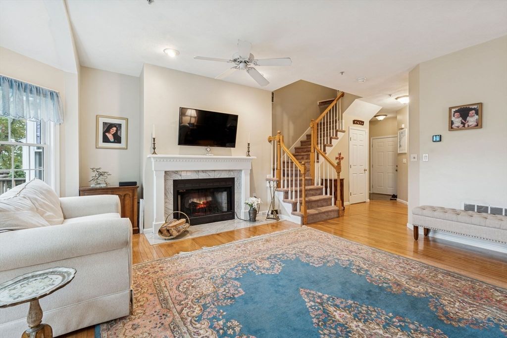 Fireplace, Interior, Living room, Recessed Lighting, Wood Texture Flooring