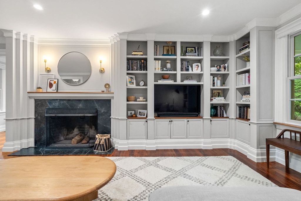 Fireplace, Interior, Recessed Lighting, Wood Texture Flooring