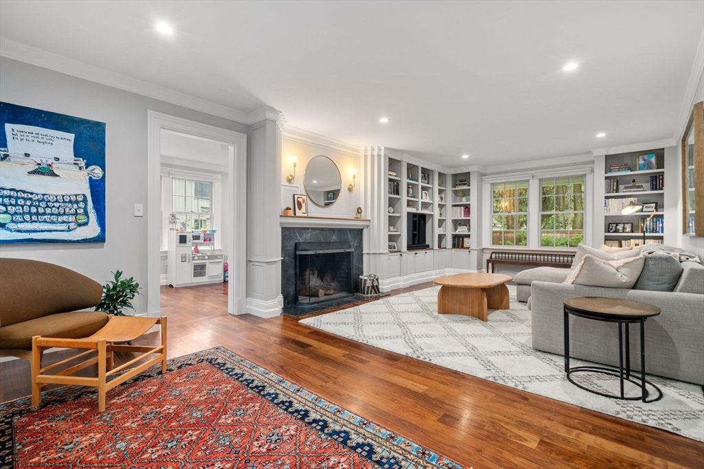 Fireplace, Interior, Living room, Recessed Lighting, Wood Texture Flooring