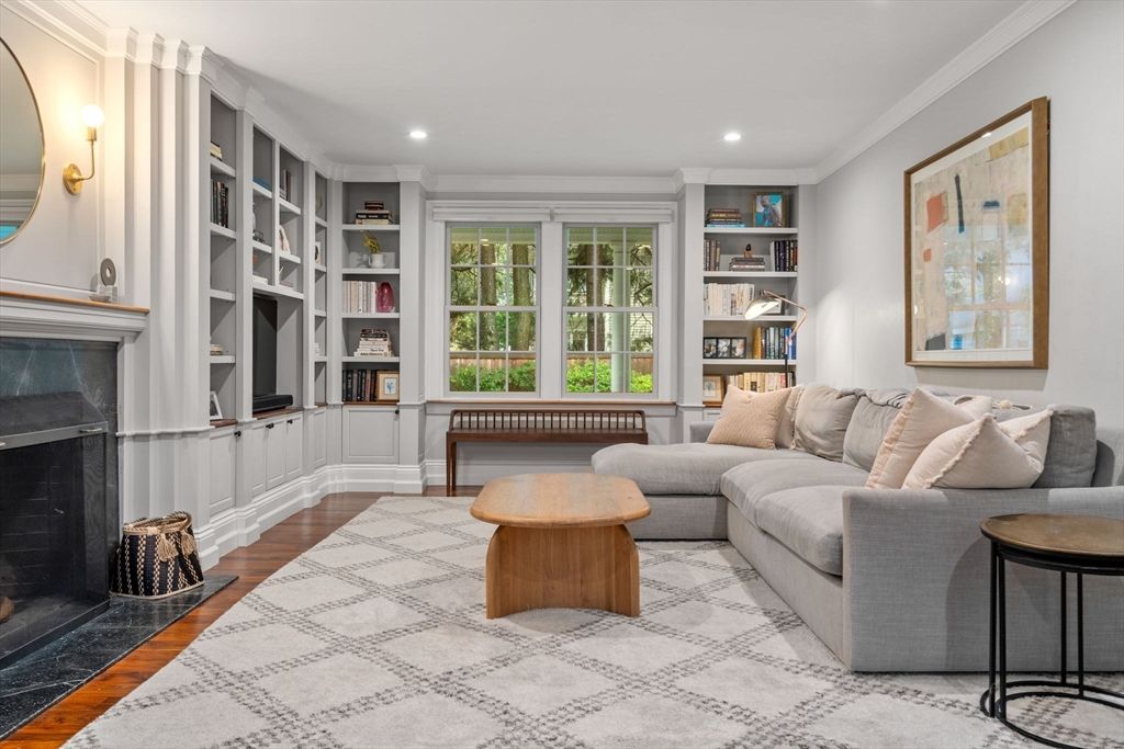 Fireplace, Interior, Living room, Recessed Lighting, Wood Texture Flooring