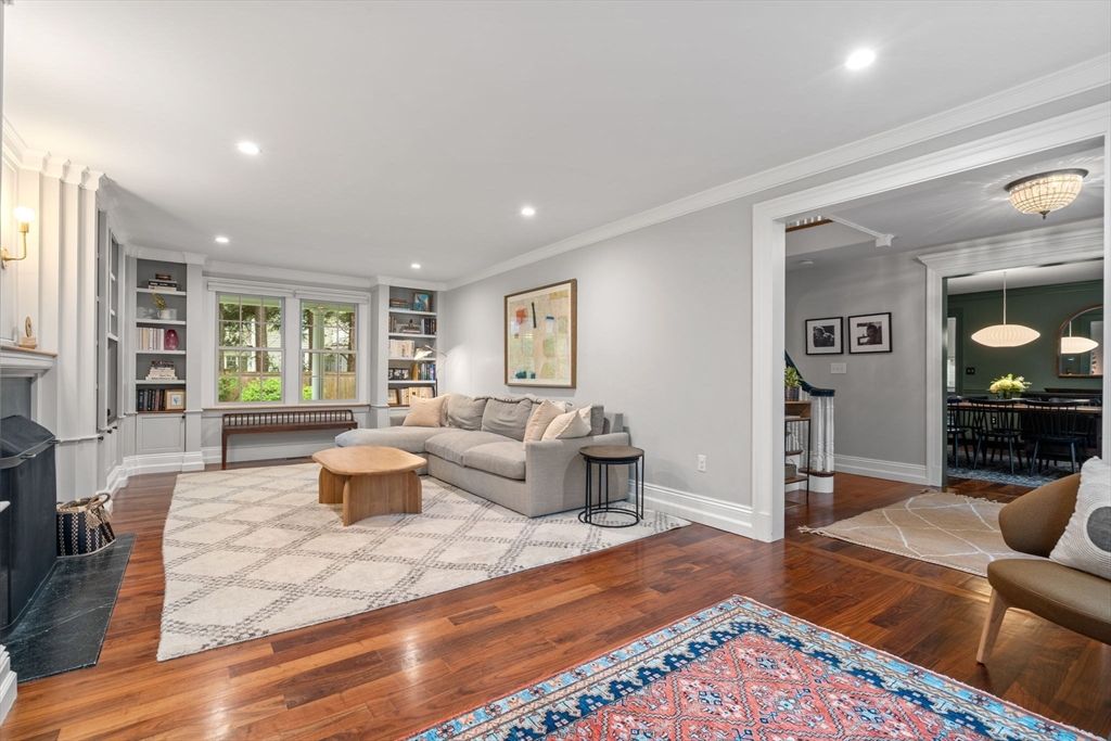 Dining room, Fireplace, Interior, Living room, Recessed Lighting, Wood Texture Flooring
