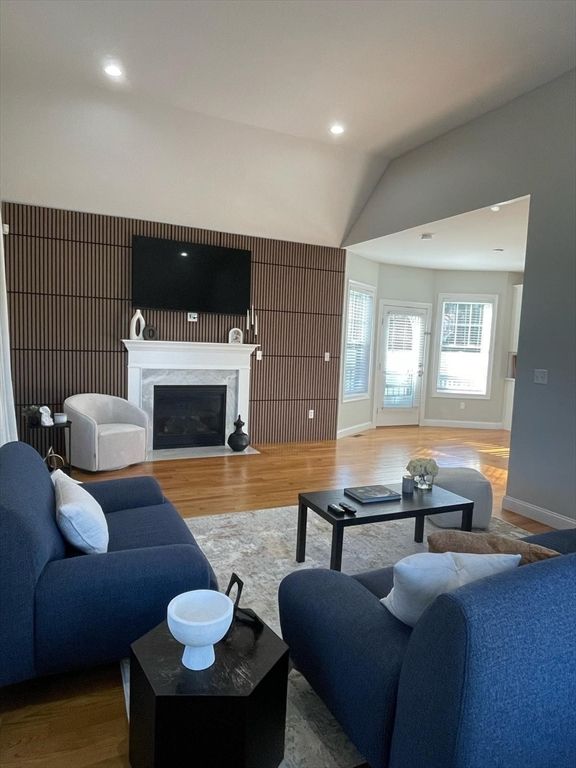 Fireplace, Interior, Living room, Recessed Lighting, Wood Texture Flooring