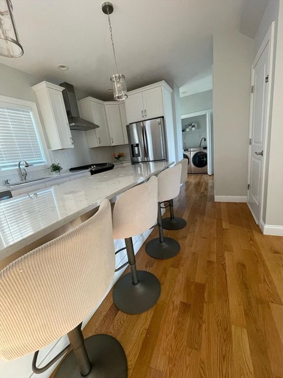 Interior, Kitchen, Pendant Lights, Stainless Steel Appliances, Wood Texture Flooring