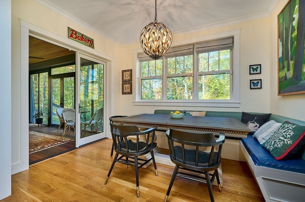 Dining room, Interior, Pendant Lights, Wood Texture Flooring