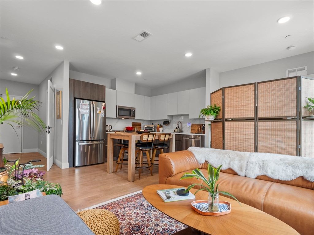 Interior, Kitchen, Living room, Recessed Lighting, Stainless Steel Appliances, Wood Texture Flooring