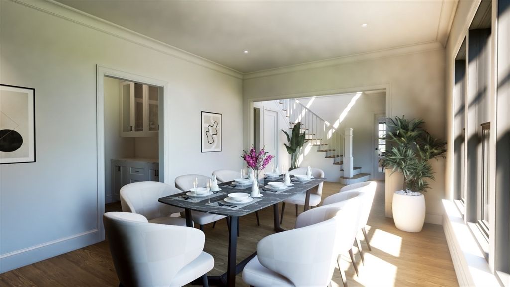 Dining room, Interior, Recessed Lighting, Wood Texture Flooring
