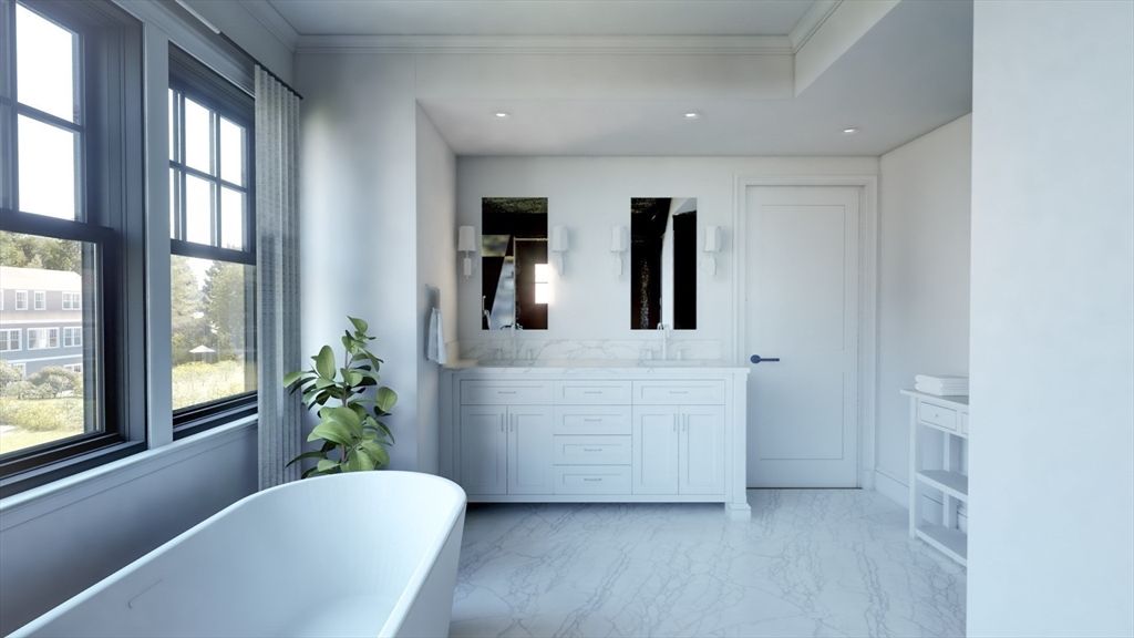 Bathroom, Dual Sink Vanities, Free Standing Baths, Interior, Marble, Recessed Lighting