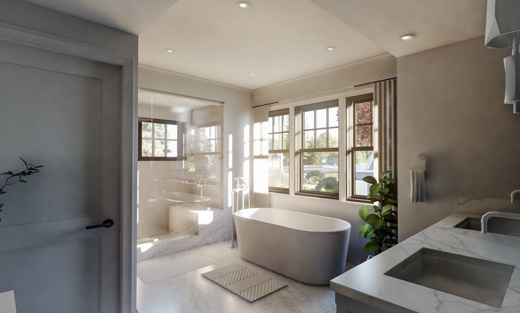 Bathroom, Free Standing Baths, Glass Shower, Interior, Marble, Recessed Lighting