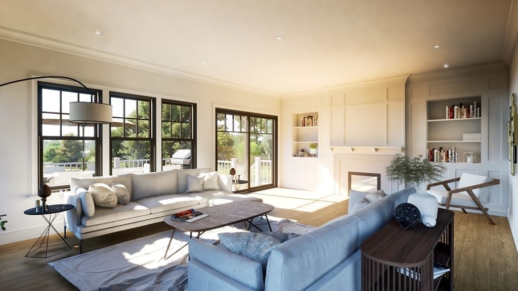 Fireplace, Interior, Living room, Recessed Lighting, Wood Texture Flooring